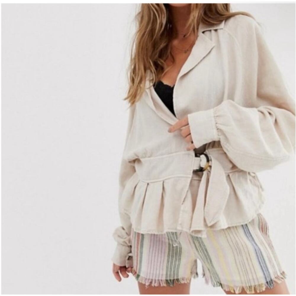 Free People Womens Small Almond Linen Jacket Top Pleated Belted Minimalist
